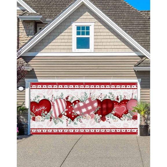Valentine's Day Garage Door Banner Covers, Red Pink Stripes Plaid Dots Love Heart Pink Lip Print Large Hanging Indoor/Outdoor Backdrop Background for Christmas Winter Party Decor, 6.9x8 FT