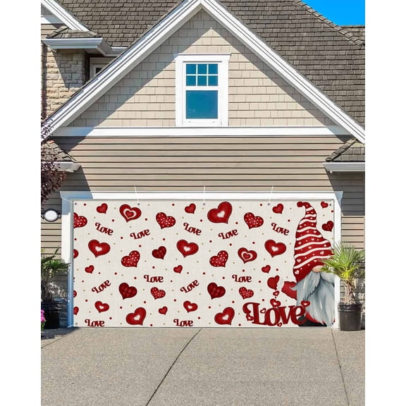 Valentine's Day Garage Door Banner Covers, Romantic Red Hat Gnome Red Plaid Dots Love Heart Linen Texture Large Hanging Indoor/Outdoor Backdrop Background for Christmas Winter Party Decor, 6.9x16 FT