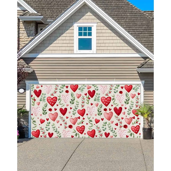 Valentine's Day Garage Door Banner Covers, Vintage Red Pink Dots Heart Roses Floral Leaf Linen Texture Large Hanging Indoor/Outdoor Backdrop Background for Christmas Winter Party Decor, 6.9x16 FT