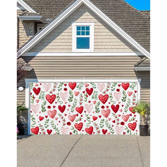 Valentine's Day Garage Door Banner Covers, Vintage Red Pink Dots Love Heart Roses Floral Eucalyptus Leaf Large Hanging Indoor/Outdoor Backdrop Background for Christmas Winter Party Decor, 6x13 FT
