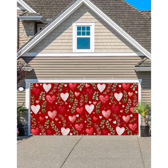 Valentine's Day Garage Door Banner Covers, Vintage Red Pink Dots Love Heart Roses Floral Leaf Red Large Hanging Indoor/Outdoor Backdrop Background for Christmas Winter Party Decor, 6x13 FT