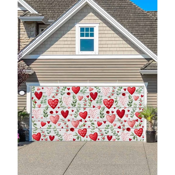 Valentine's Day Garage Door Banner Covers, Vintage Red Pink Dots Love Heart Roses Floral Leaf Wood Grain Large Hanging Indoor/Outdoor Backdrop Background for Christmas Winter Party Decor, 6x13 FT