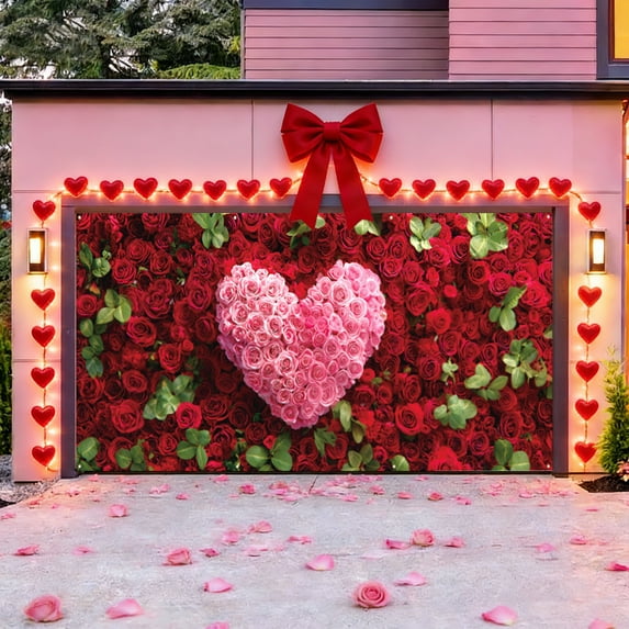 Valentine's Day Garage Door Cloth Flag – Romantic Heart Background Hanging Banner, Garage Runner Decor for Party and Holiday Outdoor Decorative Flag