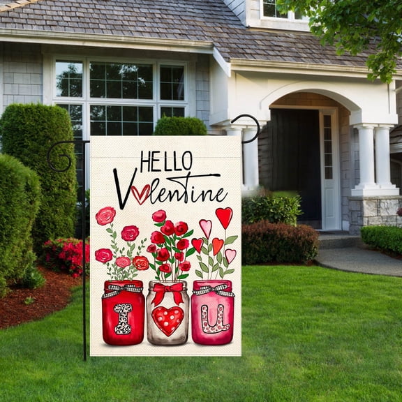 Valentine's Day Garden Flag Double Sided Outside Garden Love Heart and Rose Rustic Yard Flag with Hello Valentine Text for Anniversary Wedding Yard Outdoor Decoration 11.81x17.72 Inch(Potted Rose)
