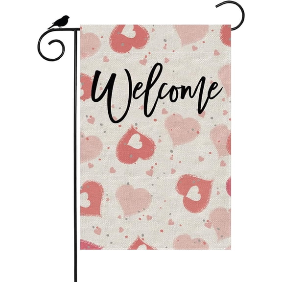 Valentine’s Day Garden Flag Welcome Love Hearts Small Burlap 12.5x18 Vertical Double Sided Outside Yard Holiday Outdoor Farmhouse Decoration