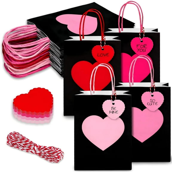 Valentine's Day Gift Bag Set Heart Themed Packaging with Handles and Tags Holiday Favor Carry Bags 12-Pack Party Supplies Black