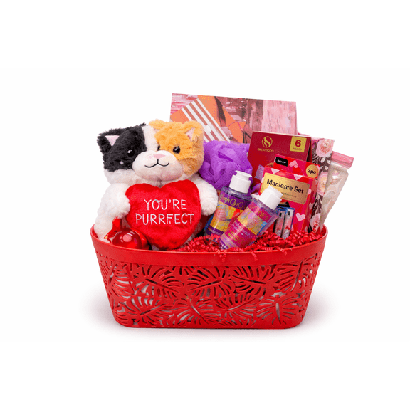 Valentines Day Gift Basket for Her Cat Plush Youre Purrfect Valentine Spa & Self Care Set with Bath Products & Manicure Kit