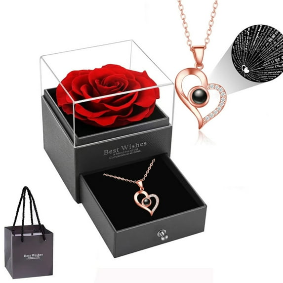 Valentine's Day Gift Box with Heart Necklace and Rose, Romantic Present for Her Birthday Anniversary friend Wife(Rose Gold-A)