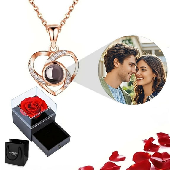 Valentine's Day Gift Box with Heart Necklace and Rose, Romantic Present for Her Birthday Anniversary friend Wife(Rose Gold-C)