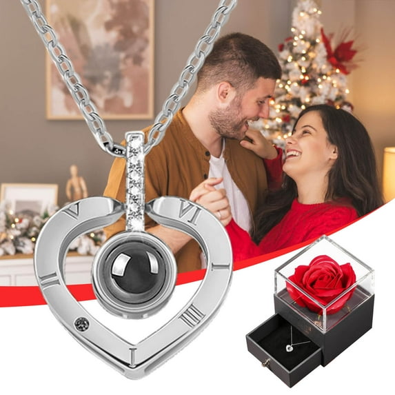 Valentine's Day Gift Box with Heart Necklace and Rose, Romantic Present for Her Birthday Anniversary friend Wife(Silver-C)