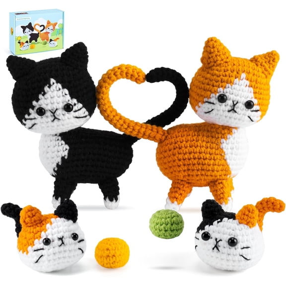 Valentine's Day Gift Cat Crochet Kit for Beginners-Crochet Kits 4PCS Cats Family Animals with Step-by-Step Video Tutorials, Starter Learn to Adults