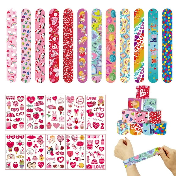 Valentine's Day Gift for Class Slap Bracelets Tattoos Sticker Heart Accessories for Valentine's Day Party Supplies Party Favors Valentines Exchange for School