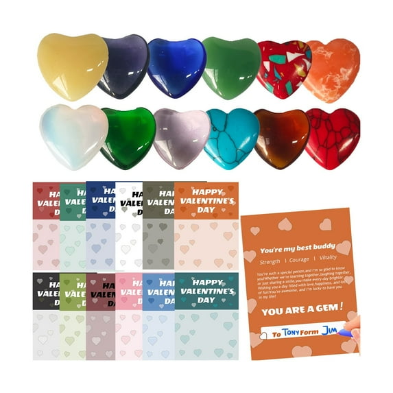 Valentine's Day Gift Exchange Set - 24 Pack Valentine's Cards with 24 Heart-Shaped Gemstones, Rocks for Classroom School Office Party Favors & Thoughtful Colleague Gifts