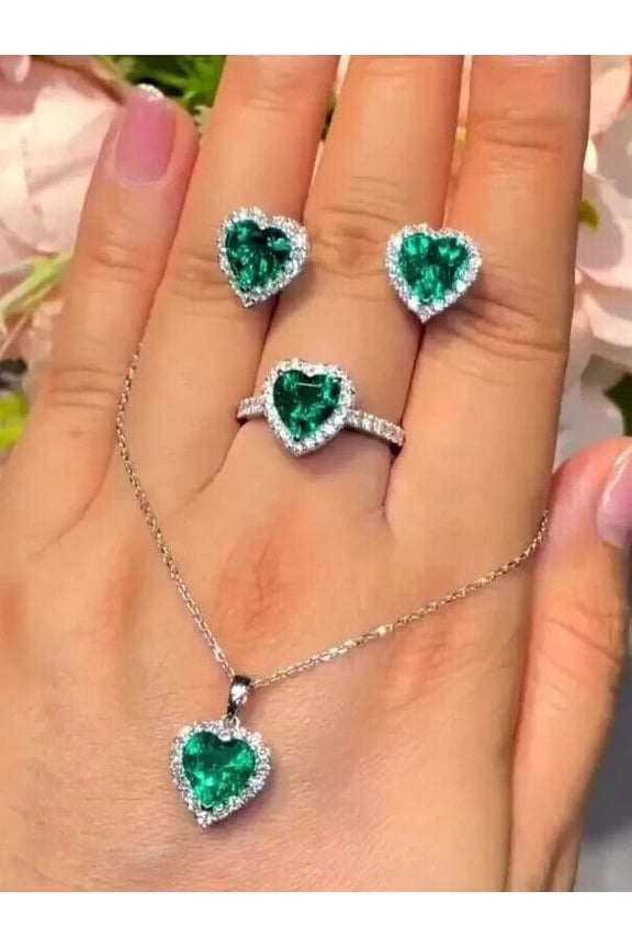 Valentine's Day Gift For Women's Mix Jewelry Set Lab Created Green Emerald 14K White Gold Plated 4Ct Heart Cut