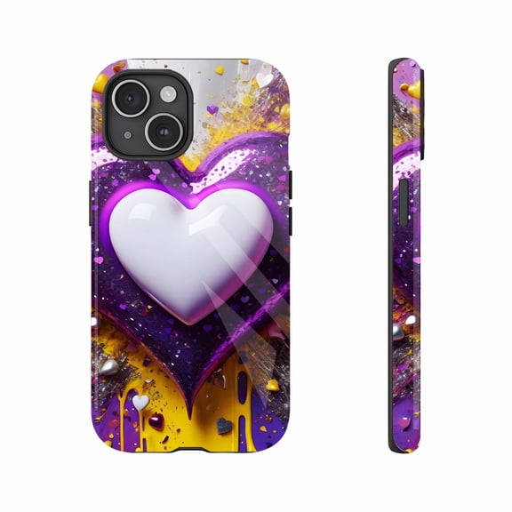 Valentine's Day Gift Glitter Heart Shaped 3D iPhone Case, Shimmering Purple Pink Yellow Heart Design for Couples, Compatible with iPhone 11/12/13/14/15/16 (Pro Max/Plus)