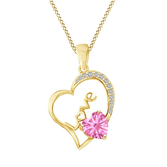 AFFY Valentine's Day Gift Heart Shape Simulated Tourmaline & Cubic Zirconia Heart Love Pendant Necklaces In 14K Yellow Gold Over Sterling Silver