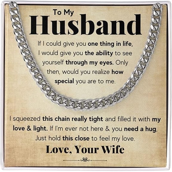 Valentine's Day Gift for Husband from Wife, Cuban Link Chain Necklace for Man, Birthday Gift for Husband, Necklace with Message Card and Mahogany Luxury Box