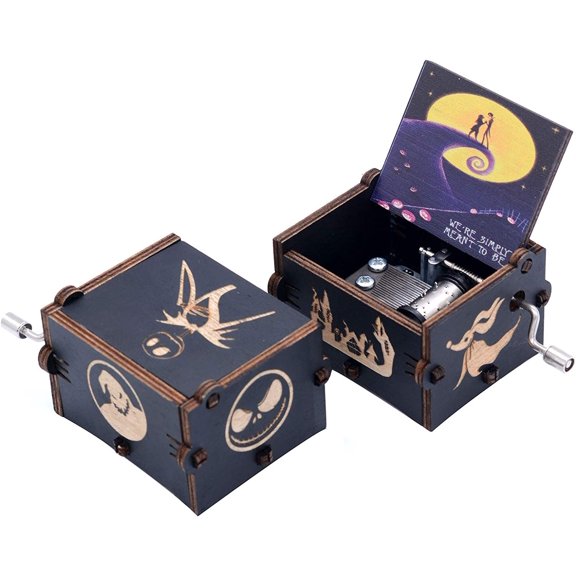 Valentine's Day Gift Music Box Wooden Hand Crank Musical Box, Melody-This is Halloween,Printing Pattern-We are Simply Meant to Be for Her Wife Girlfriend Halloween Christmas Black
