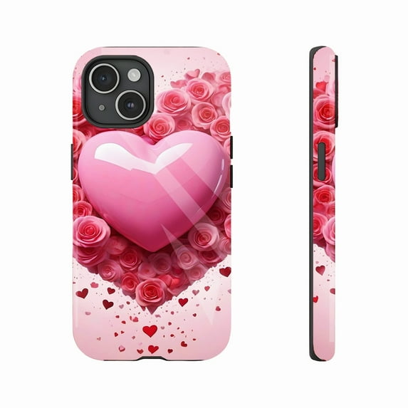 Valentine's Day Gift Pink Heart Rose Floral Print Couples Lovers Unique Romantic Phone Case Compatible with iPhone 11/12/13/14/15/16 (Pro Max/Plus)