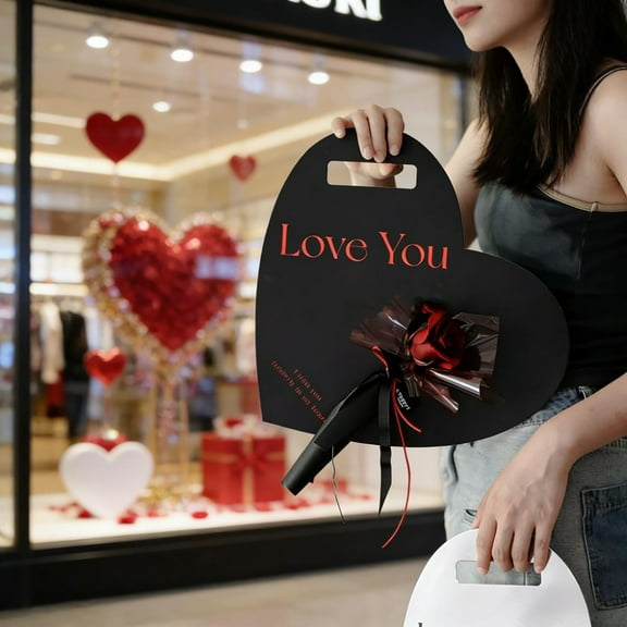 Valentine's Day Gift Portable Flower Card Single Flower Bouquet Gift Box,Handheld Flower Wrapping Box, Heart Shaped Flower Tote Single Rose Bouquet Packaging Floral Boxes