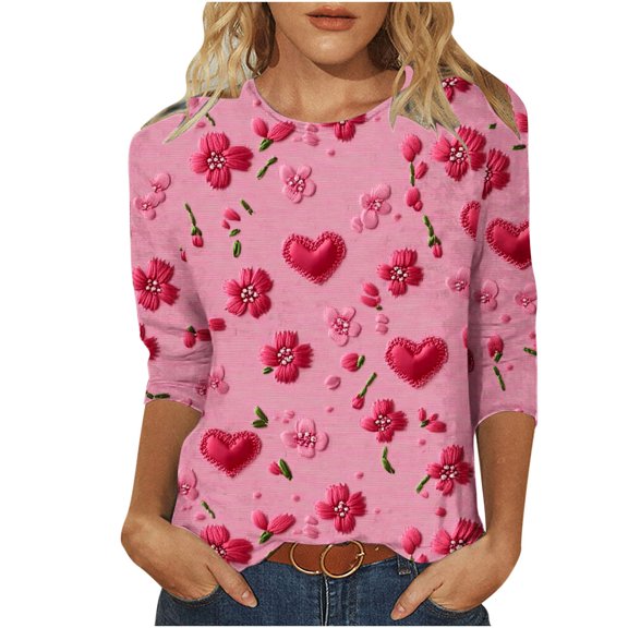 Valentine's Day Shirts Womens Love Heart Cute Tops 3/4 Sleeve Valentines Tshirts Round Neck Graphic Tee (L, Pink 01)