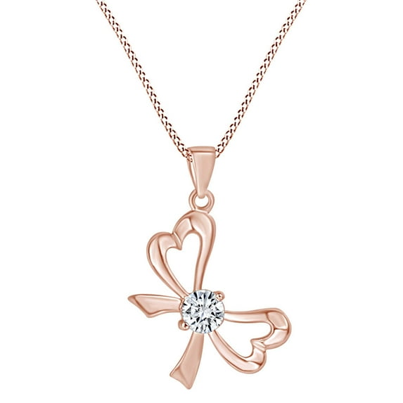 AFFY Valentine's Day Gift Simulated Cubic Zirconia Bowknot Pendant Necklaces In 14K Rose Gold Over Sterling Silver