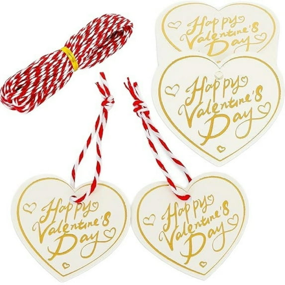 Valentine's Day Gift Tags,100PCS Heart Gift Tags with String,2x1.8 inch Gold Foil & Happy Valentines Day Tags,Heart Shaped Name Label Tag for Present Wrapping,Valentine,Wedding Party Favors