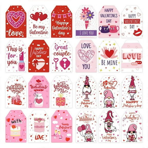 Valentine's Day Gift Tags 60Pcs, 2D Flat Paper Labels With 12M Rope, Safe Paper Material, Assorted Love Themed Designs (Hearts, Locks, Gifts, Phrases), 60Pcs For Valentine's Day
