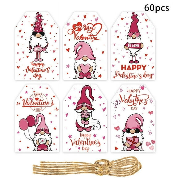 Valentine's Day Gift Tags 60Pcs, 2D Flat Paper Labels With 12M Rope, Safe Paper Material, Assorted Love Themed Designs (Hearts, Locks, Gifts, Phrases), 60Pcs For Valentine's Day