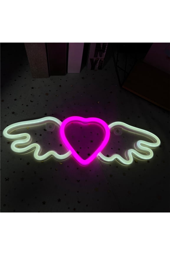 Valentine's Day Gift Wing Heart LED Neon Sign Pink Battery Operated USB Cordless for Home Wall Decor Romantic Bedroom Party Lights