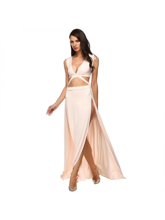 Valentine's Day Gift ! Women Dress Sexy Deep V-Neck Sleeveless Hollow Out Both Side Split Dress VAF