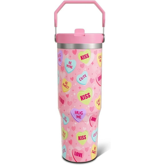 Valentine''s Day Gift for Her - 30oz Tumbler with Pastel Hearts, Stainless Steel Insulated Cup with Handle & Flip Straw - Birthday Gift for Women
