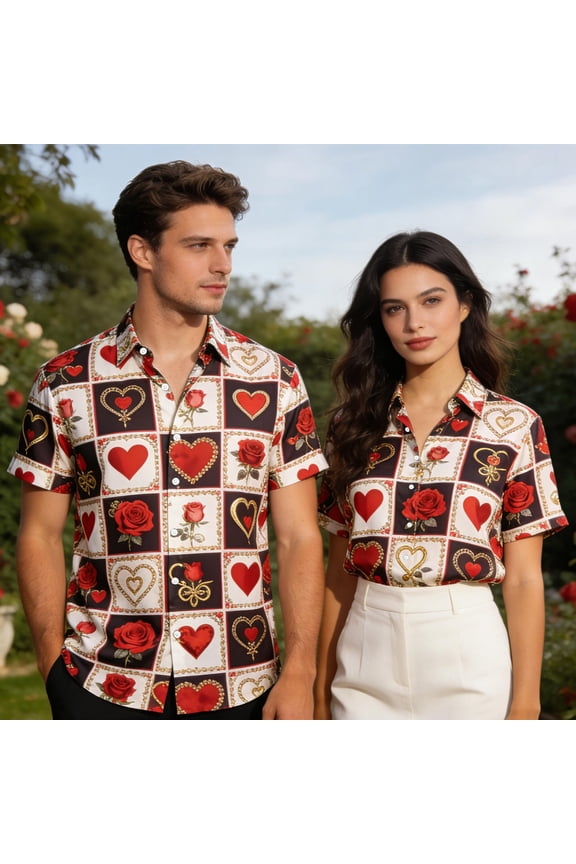 Valentine's Day Gift for Him Heart Printing Casual Short Sleeve Turndown Collar Button Shirt,Casual Valentine T-Shirt for Men White S