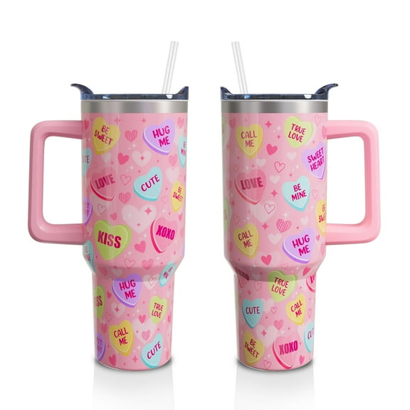 Valentine''s Day Gifts 40 Oz Tumbler with Handle and Straw, Pastel Hearts Stainless Steel Double Walled Vacuum Insulated Cup, Cute Anniversary Wedding Birthday Gifts for Women Girls (1 PC)