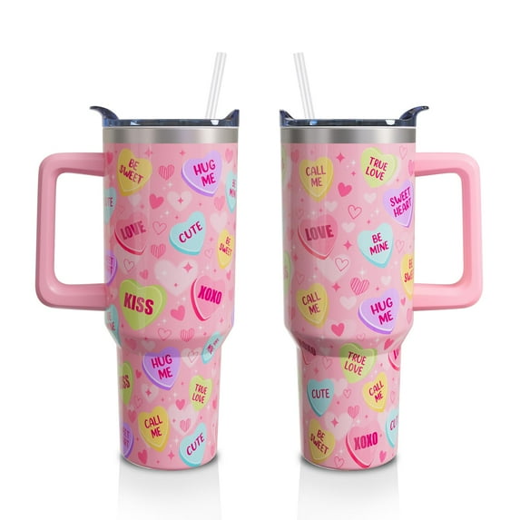 Valentine''s Day Gifts 40 Oz Tumbler with Handle and Straw, Pastel Hearts Stainless Steel Double Walled Vacuum Insulated Cup, Cute Anniversary Wedding Birthday Gifts for Women Girls (1 PC)