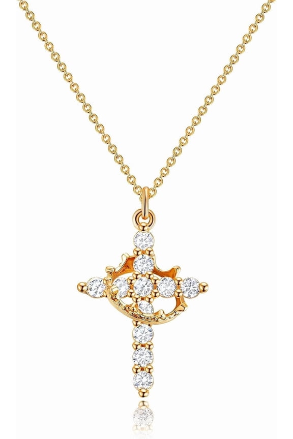 Valentine's Day Gifts Crown Cross Necklace for Women,14K Gold Plated Non-Tarnish Christian Faith Religious Jewelry for Her
