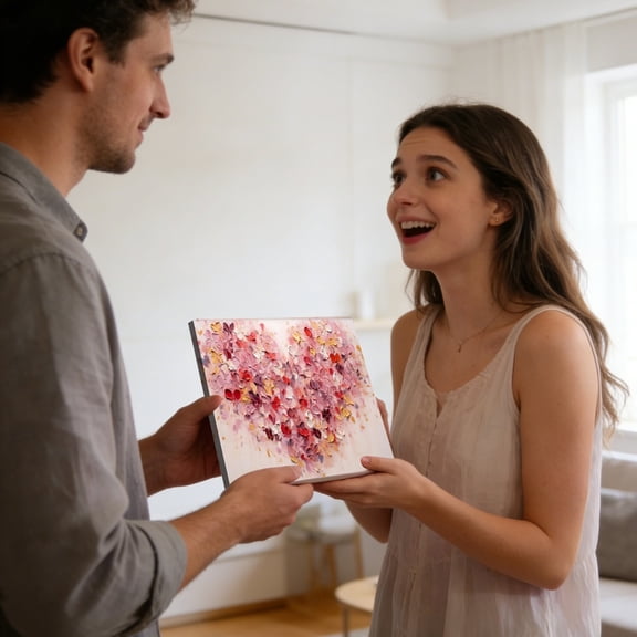 Valentine's Day Gifts for Her,Heart Couple Canvas Painting,Hand-Painted Style Wall Art for Home Decor,Ready to Hang Framed Picture for Bedroom,Living Room(11.81*9.84")