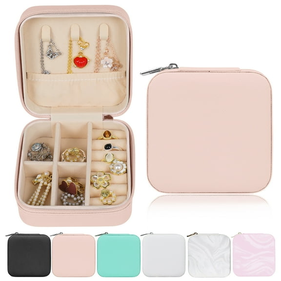 Keyroal Travel Jewelry Box for Women, PU Leather Jewelry Organizer Case with Removable Dividers, Portable for Necklace, Ring, Earring Storage, Gift for Girls (Pink)
