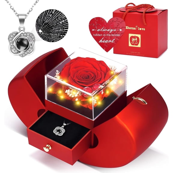 Valentine's Day Gifts for Her, Preserved Rose Necklace Set with Light Up Box & 100 Languages I Love You Necklace,Romantic Gifts for Wife Girlfriend, Anniversary Birthday for Women,Red