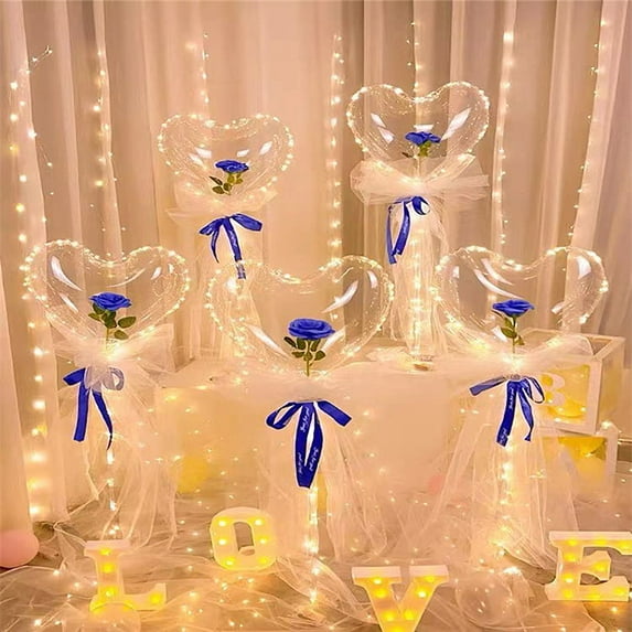 Valentine's Day Gifts LED Balloons Light Up Balloons with Sticks Heart Bobo Balloons with Rose Inside Clear Balloons with Lace for Christmas Party Birthday Wedding Anniversary Mothers Day Decoration