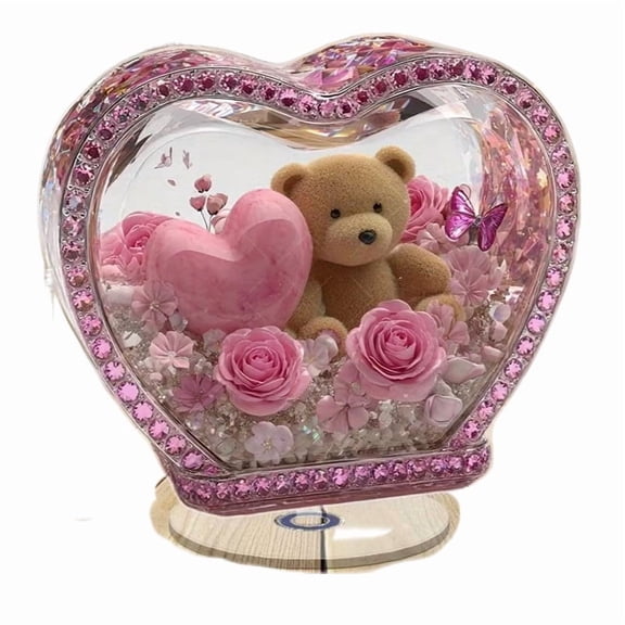 Valentine's Day Gifts Rotating Decor Pink Rose Teddy Bear on Spinning Base 2D Acrylic Keepsake with Heart, Sweet Present for Couples, Desk Decoration, Memorable Gift