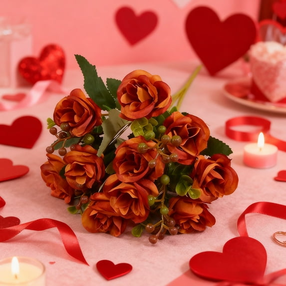 Valentine's Day Gifts Solid Color Artificial Rose Bouquet with Green Leaf Berries Realistic Petal Texture Romantic Home Wedding Gift Valentine Decor