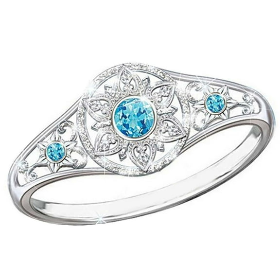 Valentine's Day Gifts for Woman Fashion Blue Gemstone Zircon Sun Flower Pattern Jewelry Silver 9