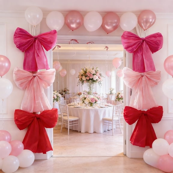 Valentine’s Day Gigantic Decorative Bow | Oversized 68" x 108" Pink Red Plastic Sheet | Large Romantic Wall, Door, Tree, Window Hanging | Complete Set w/ Hook & Strings | Indoor Outdoor Party Decor