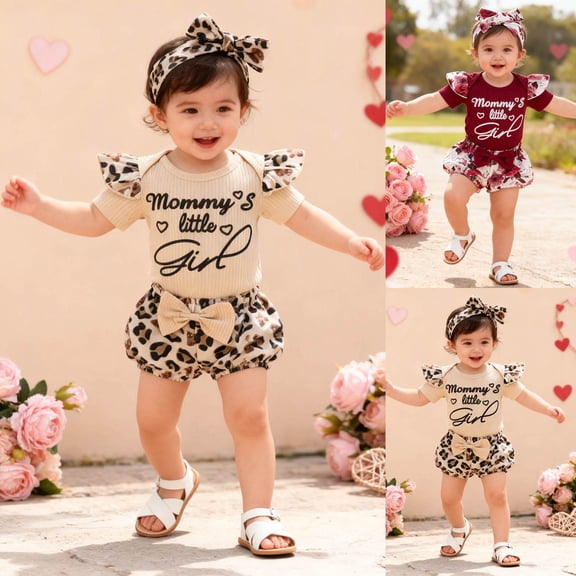 Valentine's Day Girl Outfits Heart Letter Print Short Sleeve Bodysuit Romper With Leopard Shorts 3 Piece Sets Khaki 0-3 M