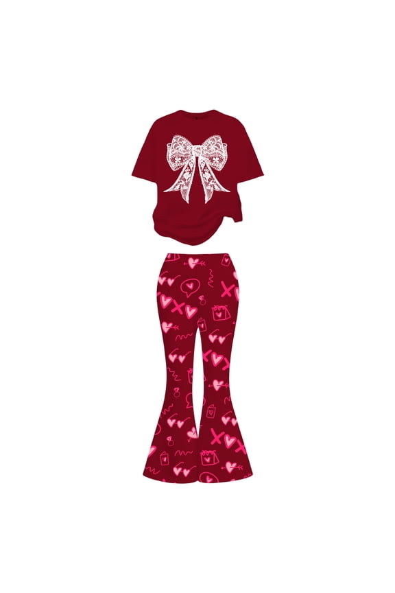 Valentine's Day Girls 2 Piece Set Cute Bow Heart Print Short Sleeve Top with Flare Leg Pants Toddler Casual Wear