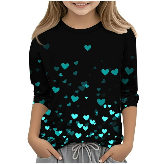 Valentine's Day Girls Clothes Cute Heart Printed 3/4 Sleeve Tops Crew Neck Casual Shirts for Girls Size 3-12