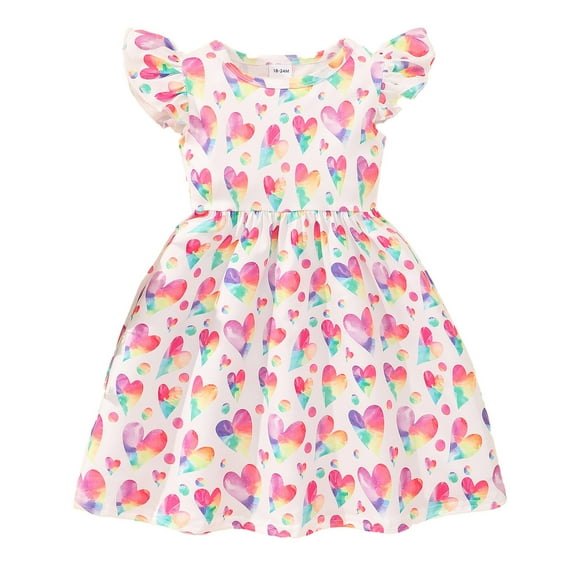 Valentine's Day Girls' Dresses Toddler Fly Sleeve Heart Prints Dance Party Dresses Clothes Princess Dress Size 3 Y-4 Y
