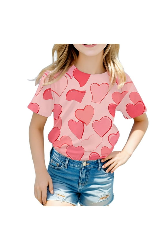 Valentine's Day Girls Fashion Print Short Sleeve Casual Tee for Children's Festive Wear