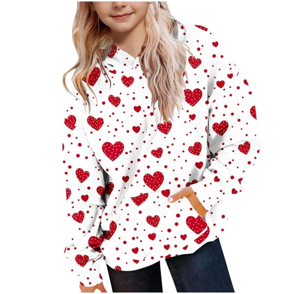 Valentine's Day Girls Hoodies Long Sleeve Pullover Tops Heart Graphic Crewneck Sweatshirts with Pockets Kid Clothes Girls Size 3-14